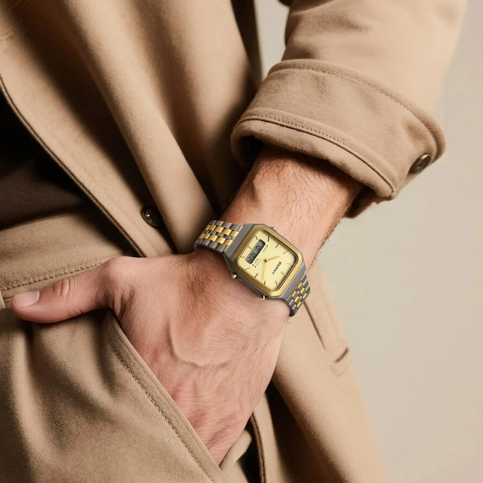Stylish men's wristwatch featuring a gold-tone bezel, dual analog and digital display, perfect for sophisticated everyday wear.