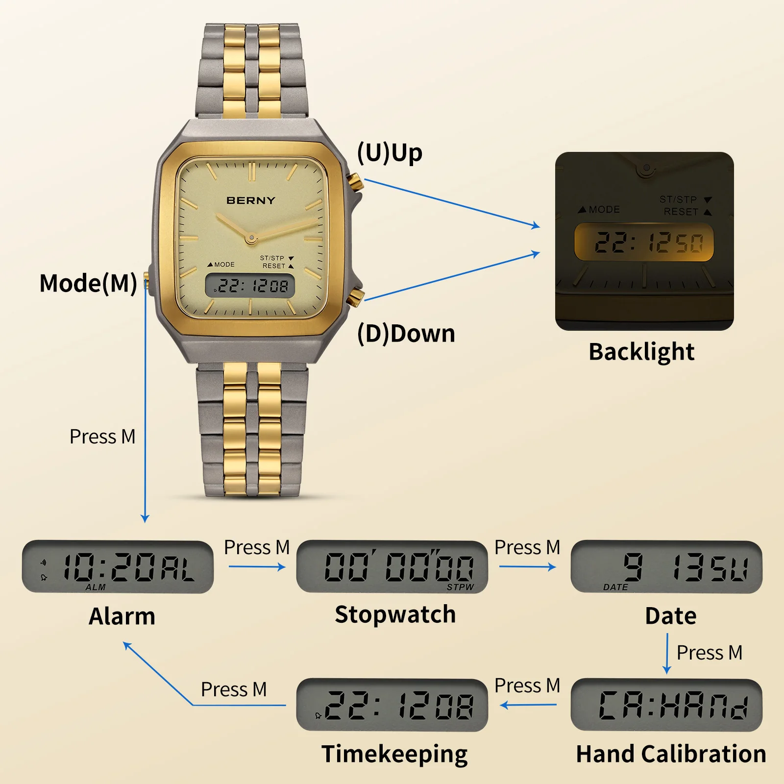 Elegant gold and silver wristwatch with digital and analog displays, backlit screen, and multifunctional buttons.
