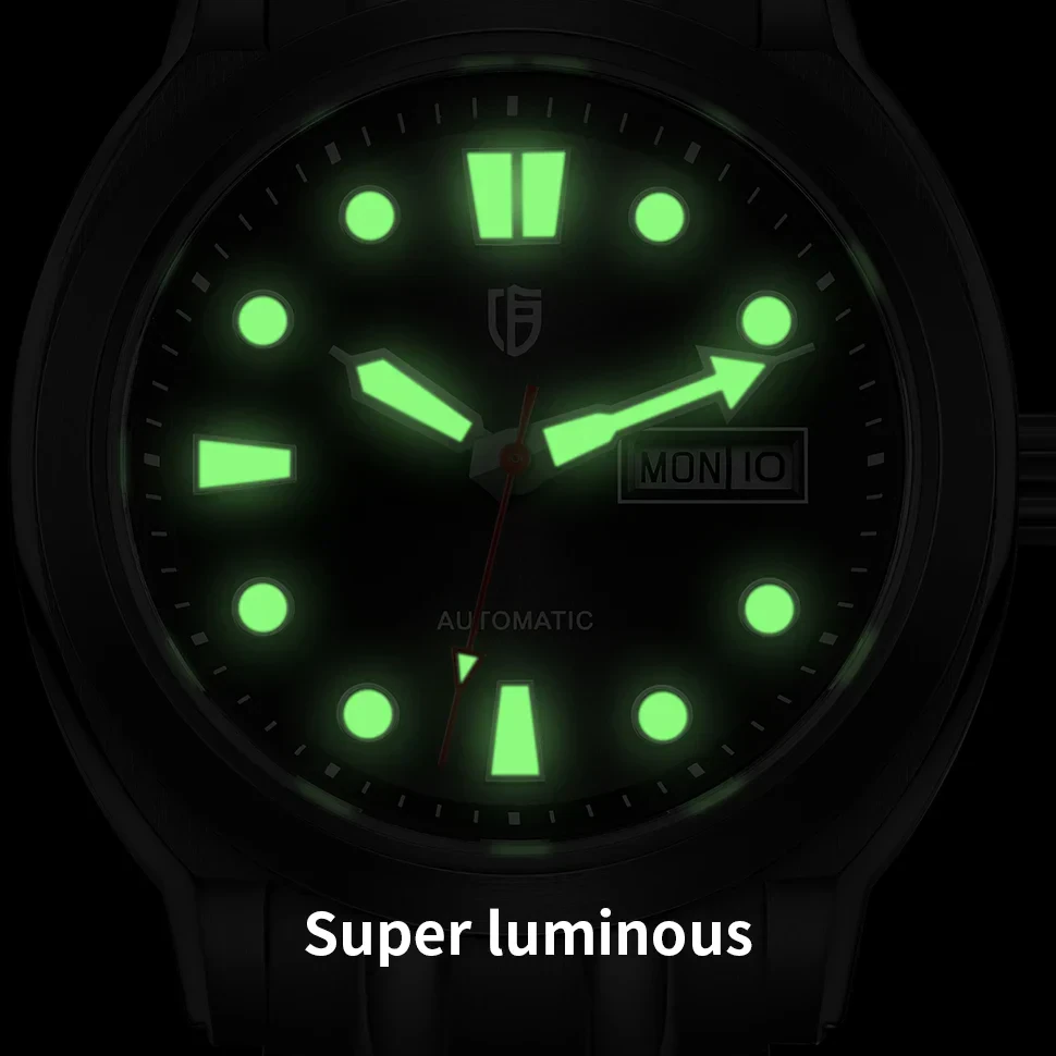 Glow-in-the-dark watch with luminous hands and markers.