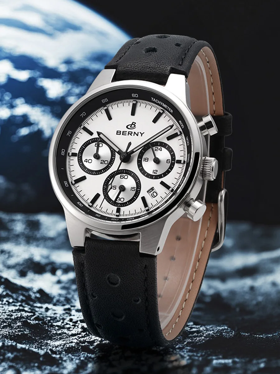Leather strap, stainless steel case, precise timekeeping, ideal for stylish men.