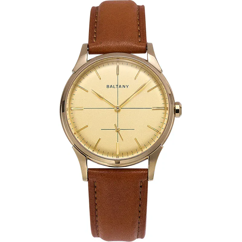 Stylish men's watch with a gold-tone dial and brown leather strap for sophisticated look.