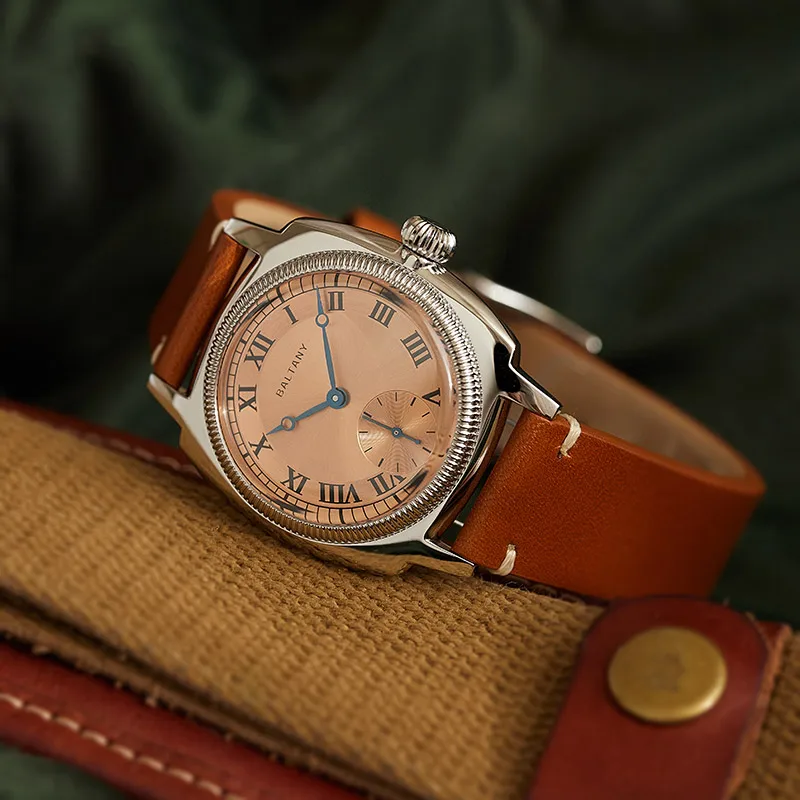 Elegant men's watch with brown leather strap and Roman numeral dial, perfect for sophisticated style.