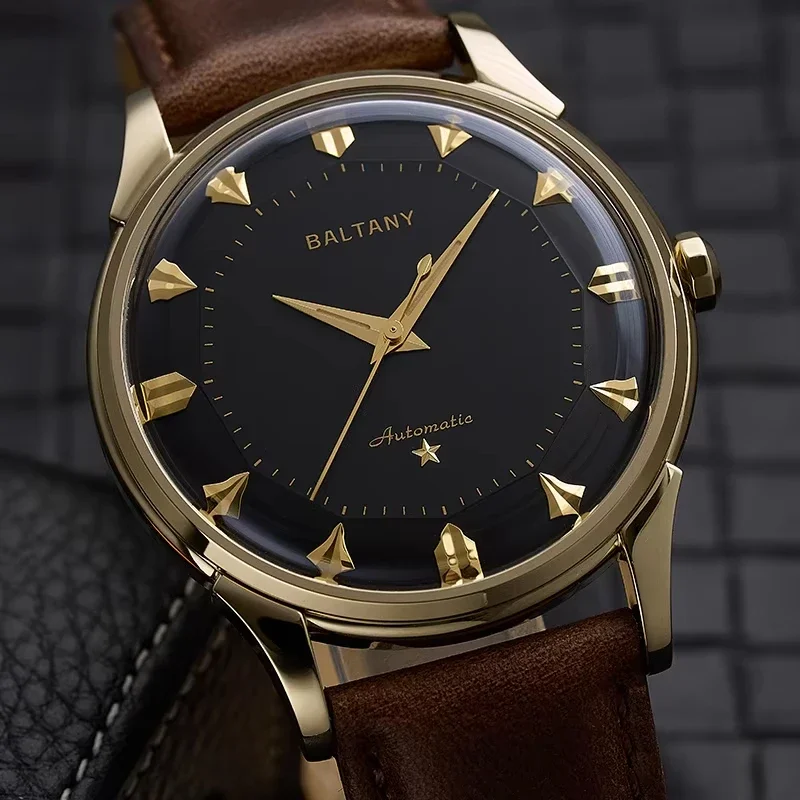 Luxurious men's automatic wristwatch with gold accents and brown leather strap. Perfect for sophisticated style.