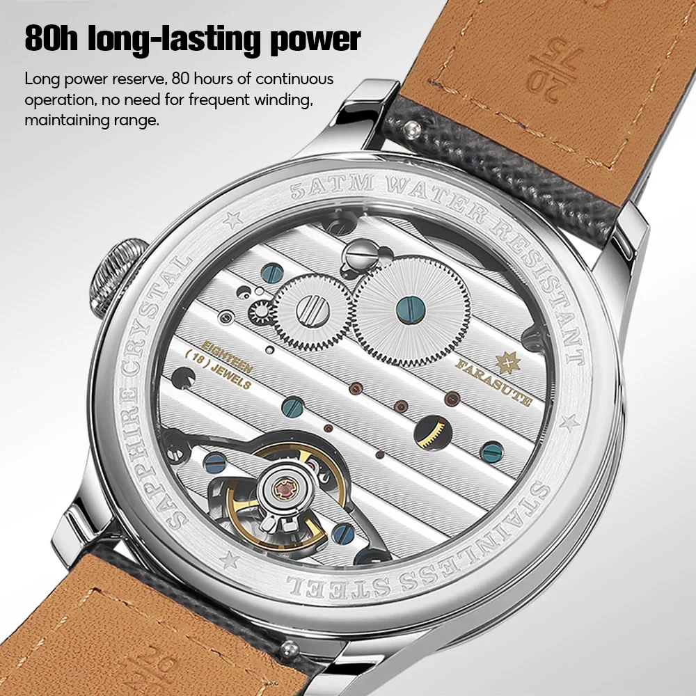 High-quality skeleton watch with transparent dial, automatic movement, and 80-hour power reserve.