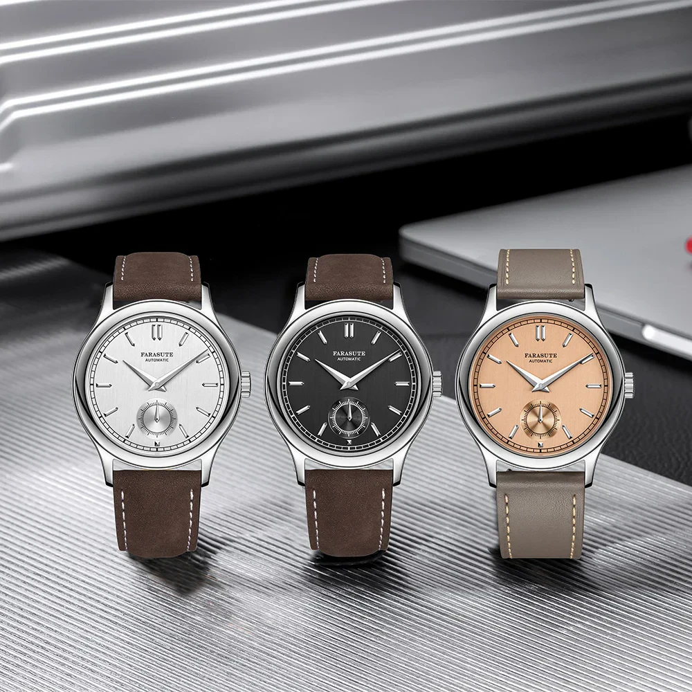 Stylish men's leather strap watches in various colors with modern minimalist dials.