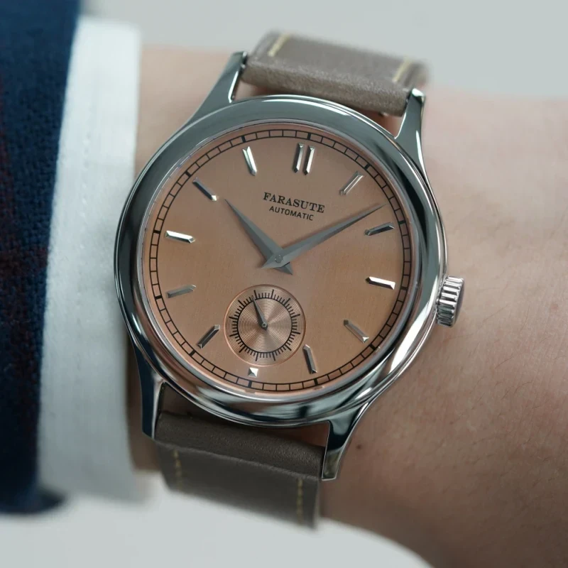 Luxury men's leather wristwatch with rose gold dial and minimalist design. Perfect for formal and casual wear.