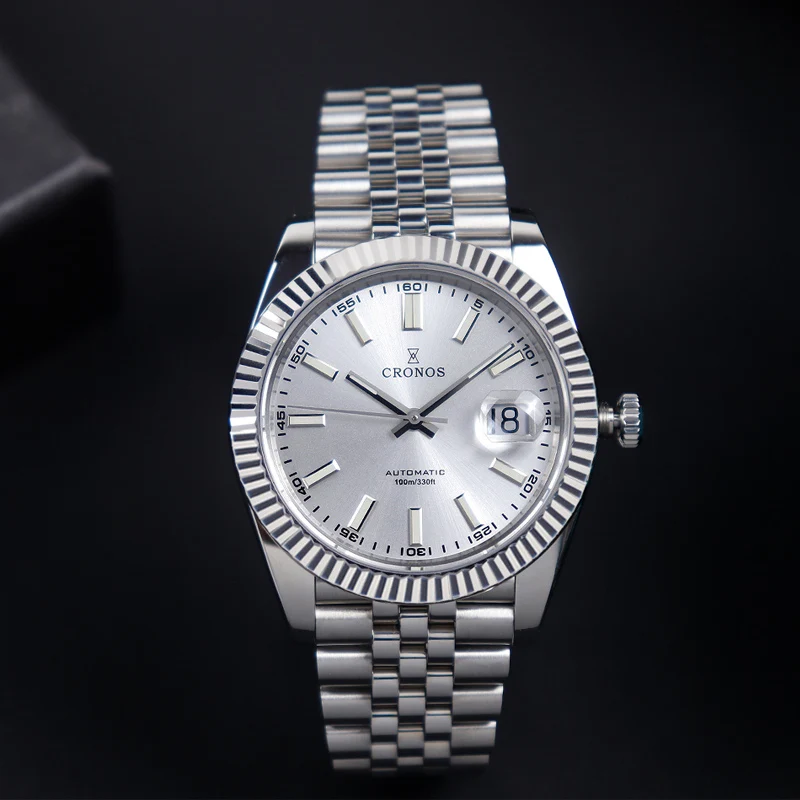 High-quality stainless steel luxury watch with date display.