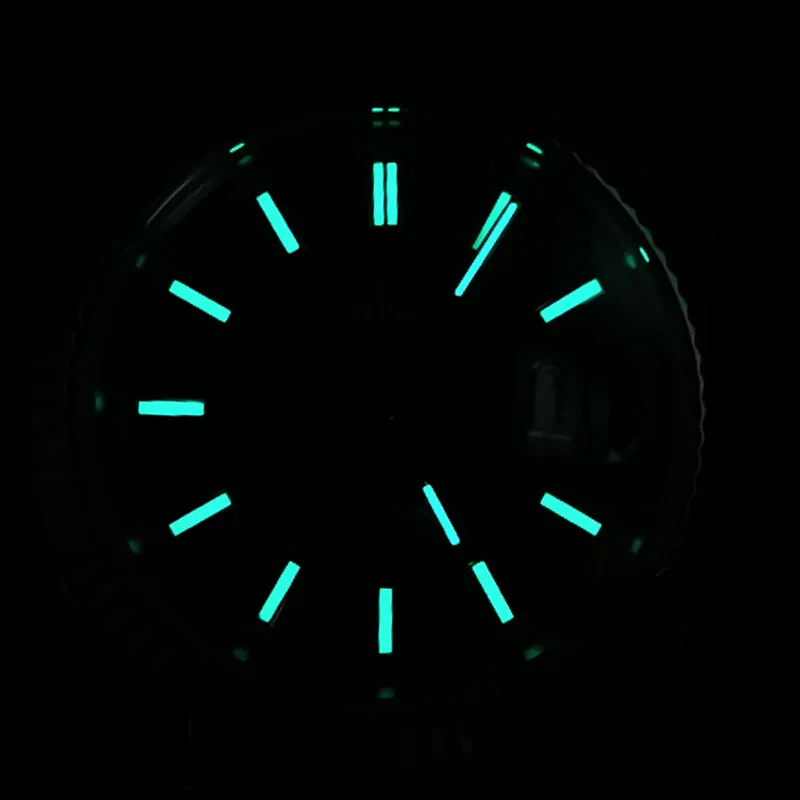 Luminescent watch face with glowing hour markers ideal for night-time wear or outdoor activities.
