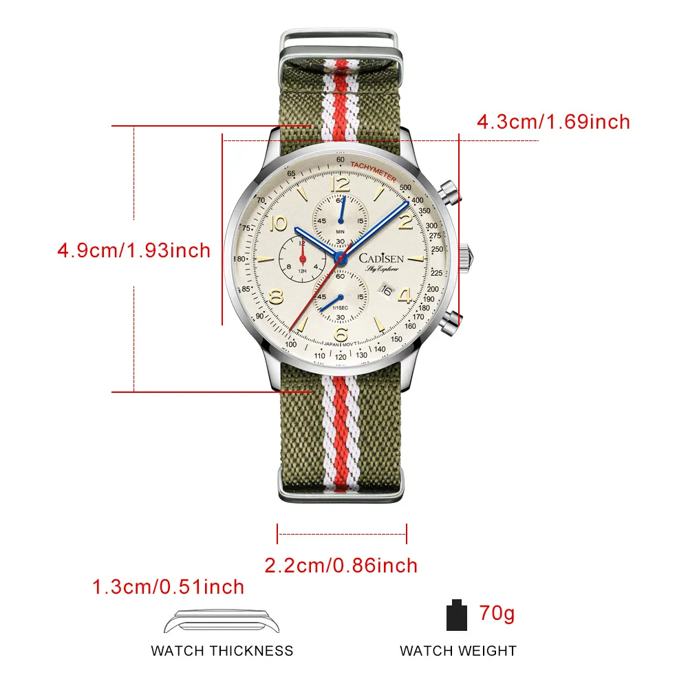 Elegant chronograph watch with striped strap for men’s fashion.