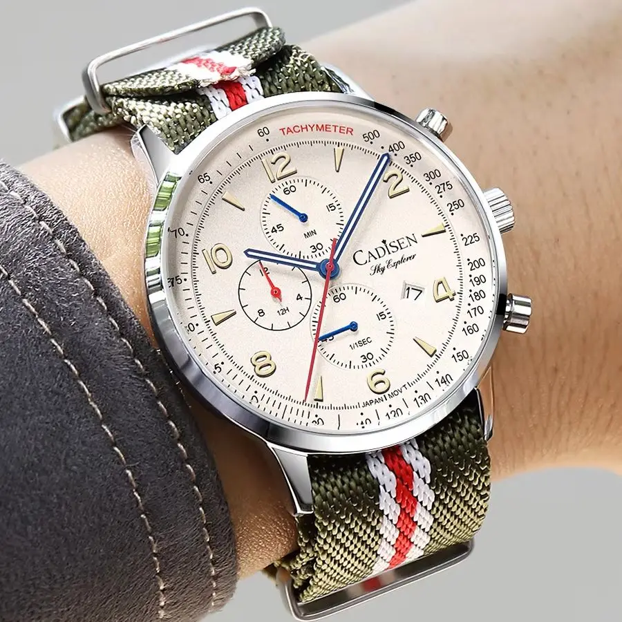 Men's casual chronograph watch with tachymeter and fabric strap.