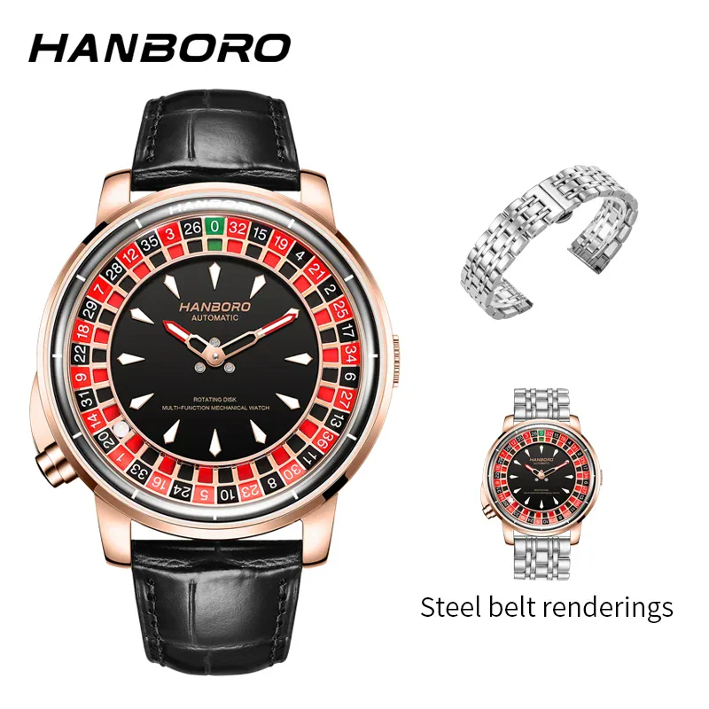 Elegant men's luxury roulette watch with black leather strap and steel bracelet.