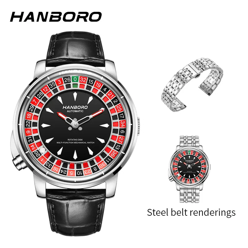 Elegant men's luxury wristwatch with black leather strap and steel bezel.