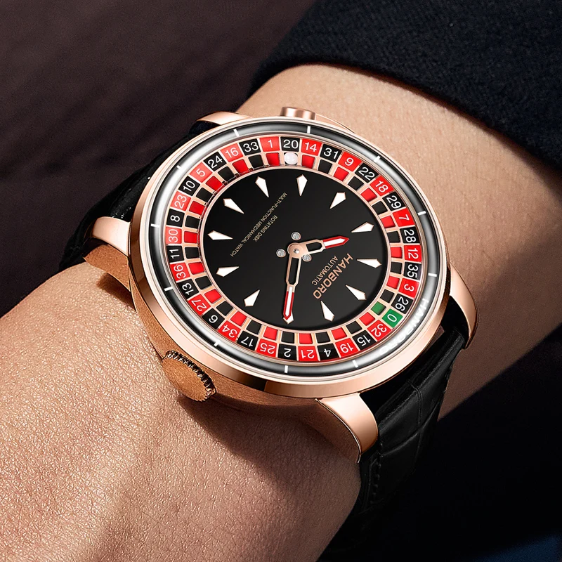 Stylish roulette watch with black face, rose gold bezel, and black leather strap for men.