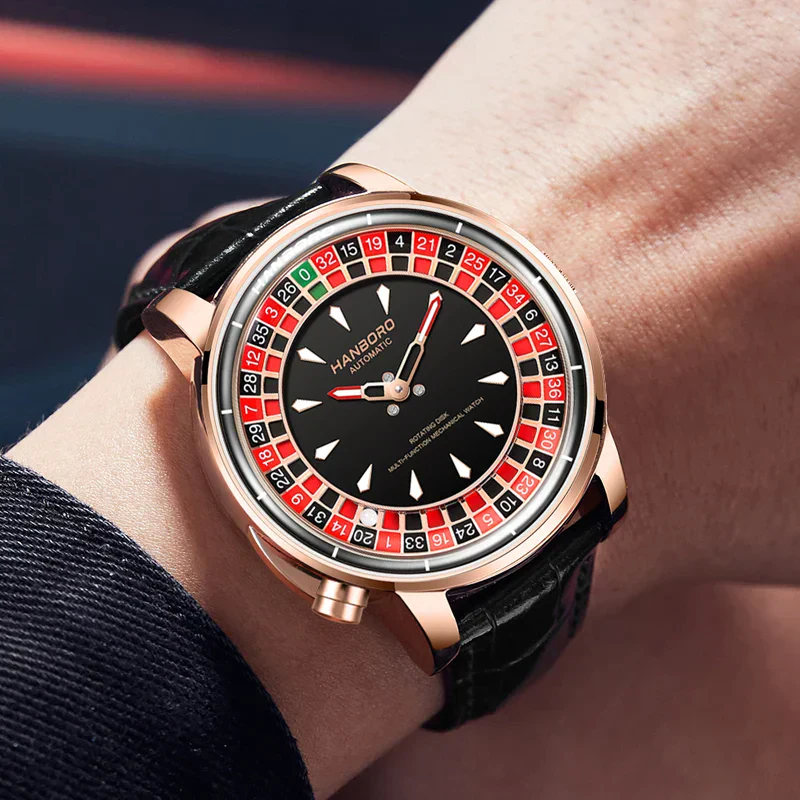 Premium roulette-themed automatic wristwatch with black dial, rose gold case, and leather strap.