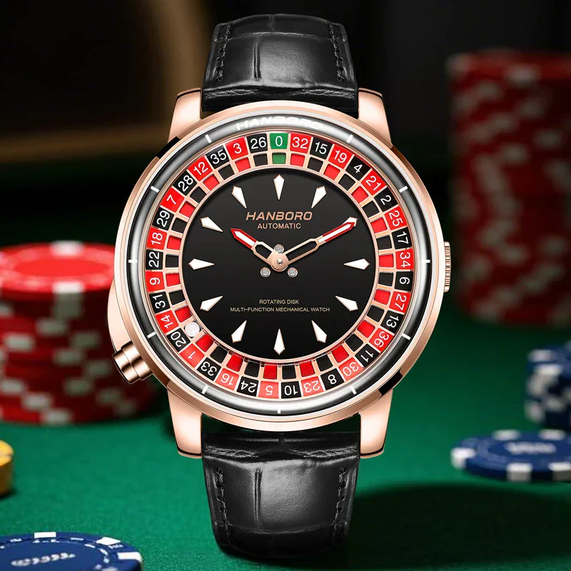 High-end roulette-inspired mechanical watch with black leather strap. Perfect for gambling enthusiasts.