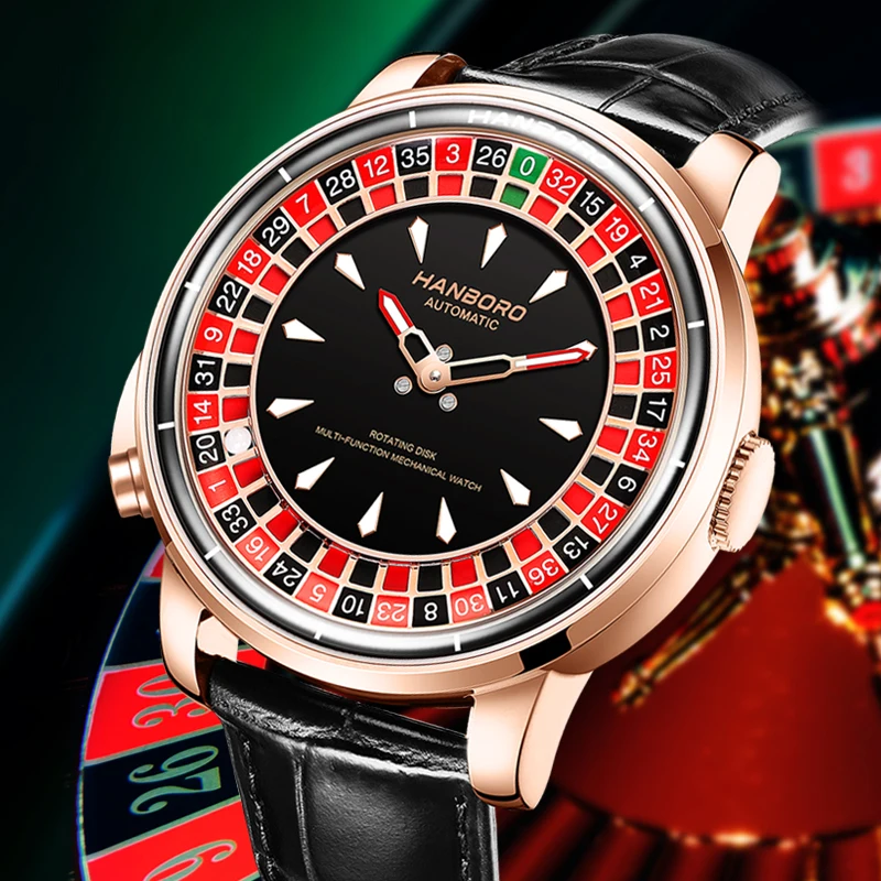 Stylish men's roulette-inspired automatic wristwatch with black dial and leather strap.