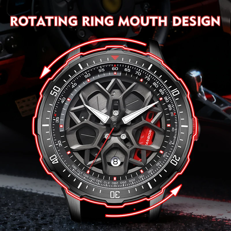 Luxury watch with rotating ring and skeleton dial design.