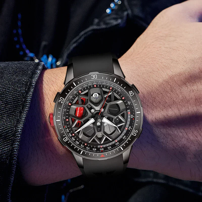 High-tech black and red men’s skeleton wristwatch with chronograph features and stylish design.