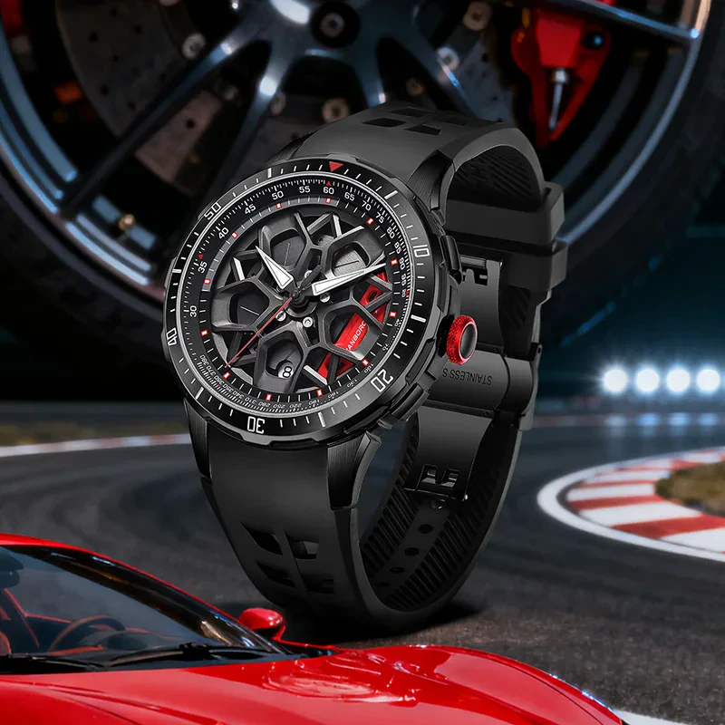 Precise black and red men's sports watch with skeleton dial for racing lovers.