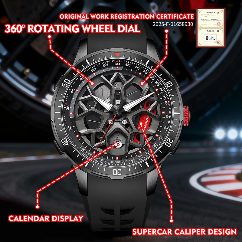 High-tech skeleton dial with calendar display.