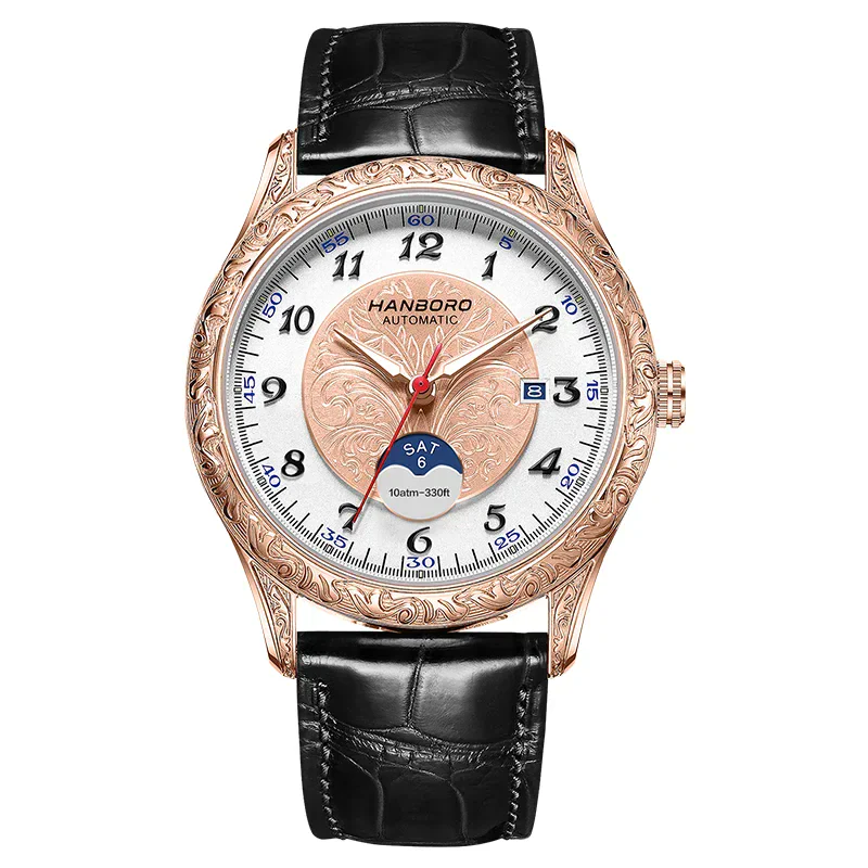 Luxury men's rose gold watch featuring a black leather strap and intricate engraved bezel. Perfect for upscale occasions.