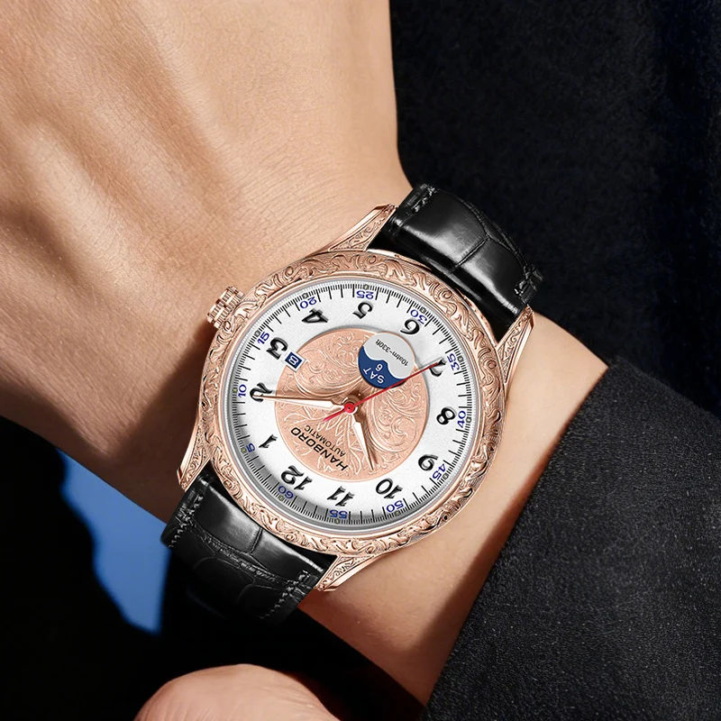 Luxury rose gold watch featuring intricate engraved details and a stylish black leather band. Perfect for sophisticated accessories.