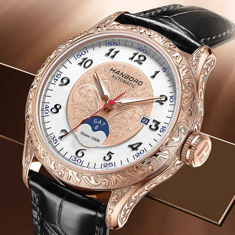 Luxurious engraved men's wristwatch with black leather strap and rose gold finish.