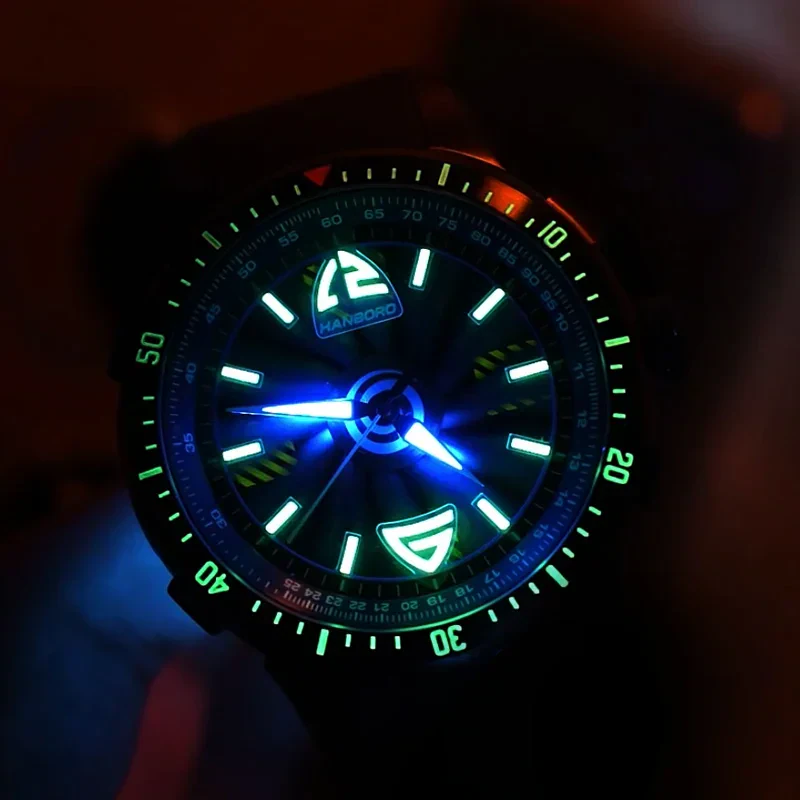 Bright luminous watch with glowing hands and markers ideal for nighttime visibility.
