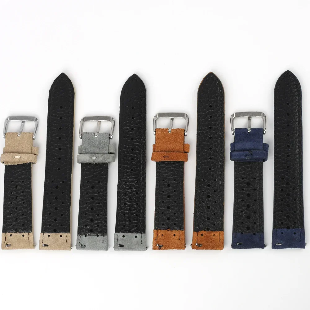 Strap replacements featuring black, beige, gray, brown, and navy leather straps with metal buckles.
