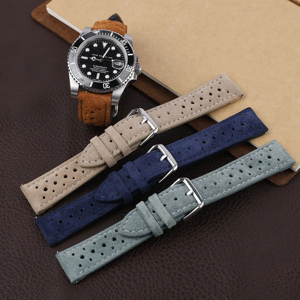 High-quality leather watch straps in beige, navy, gray, and brown for men's and women's timepieces.