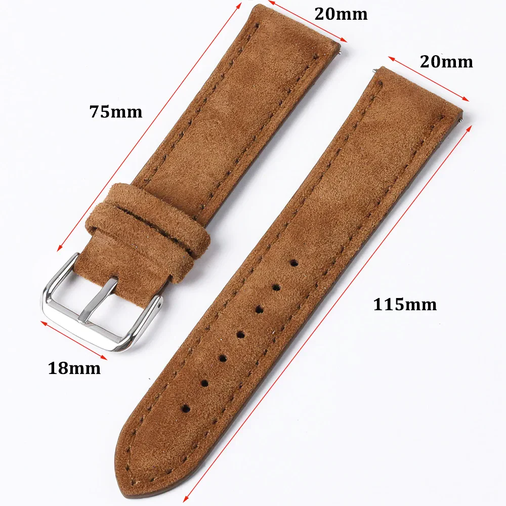 Genuine brown leather watch strap, 75mm for band, 115mm for total length, perfect for vintage and modern watches.
