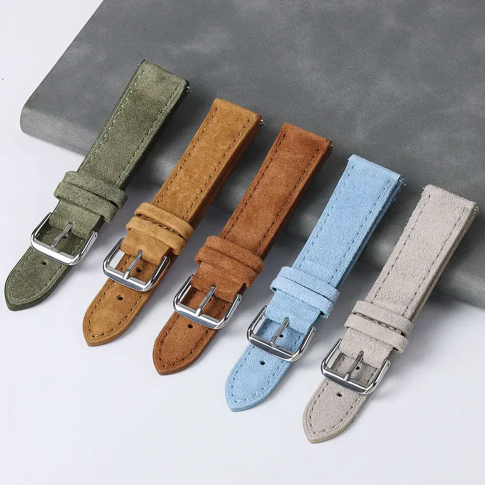 Colorful distressed leather watch bands with stainless steel buckles for men's and women's fashion.