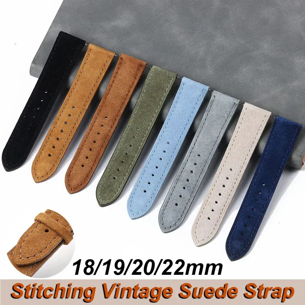 Soft suede watch strap in multiple colors for vintage-inspired accessories. Perfect for customization and style.