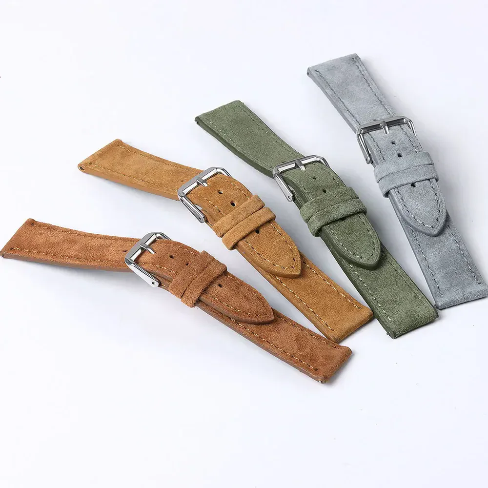 Coordinated leather watch straps in brown, green, and gray for versatile fashion.