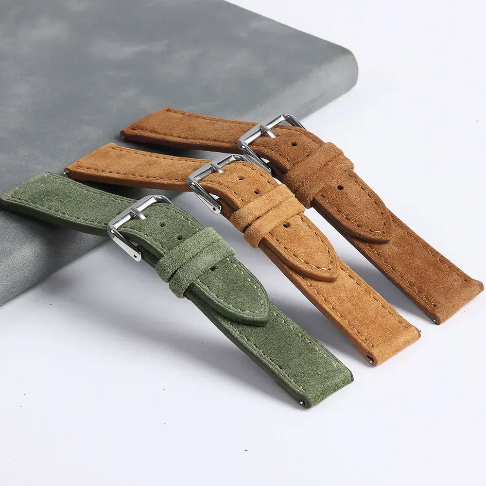 Soft suede leather watch straps in green, tan, and brown colors with silver buckles. Stylish, comfortable, and perfect for everyday wear.