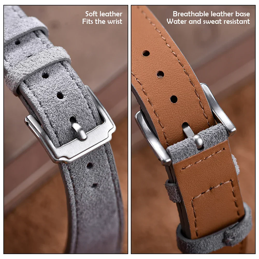 Stylish dual leather watch straps with different textures and water-resistant features.