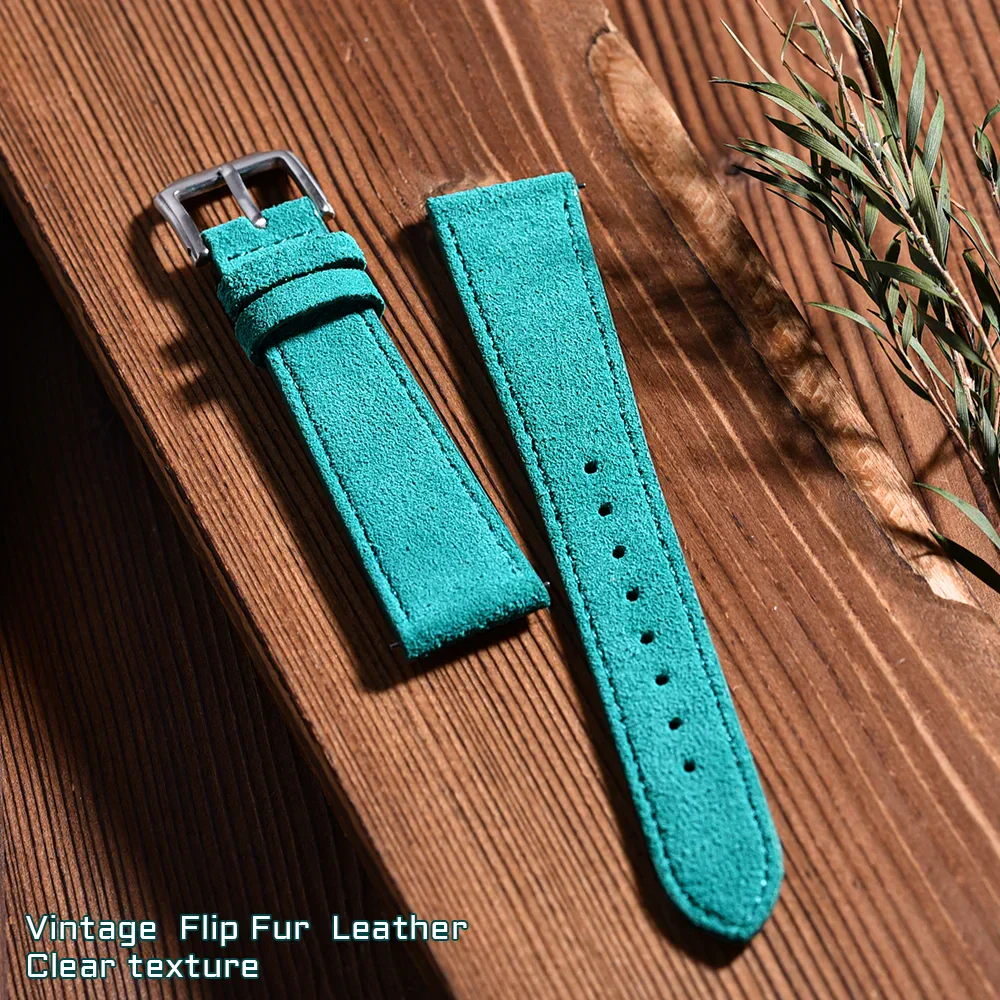 Vivid turquoise vintage flip fur leather watch band, soft textured material, adjustable fit, stylish accessory.