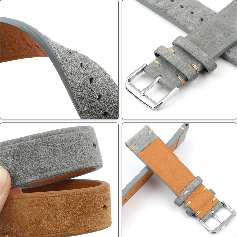 High-quality grey and tan suede leather belts with silver buckle, durable and stylish.