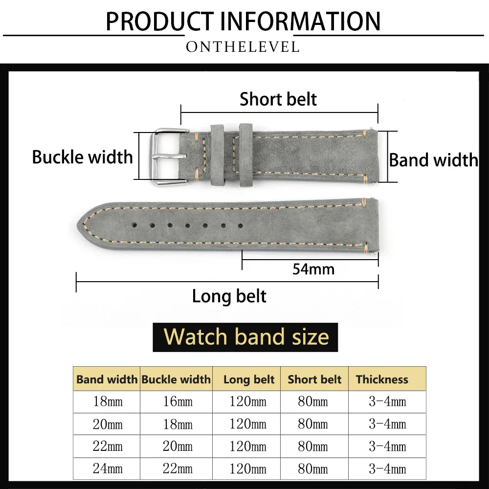 Gray suede watch strap with metal buckle for men's and women's watches.
