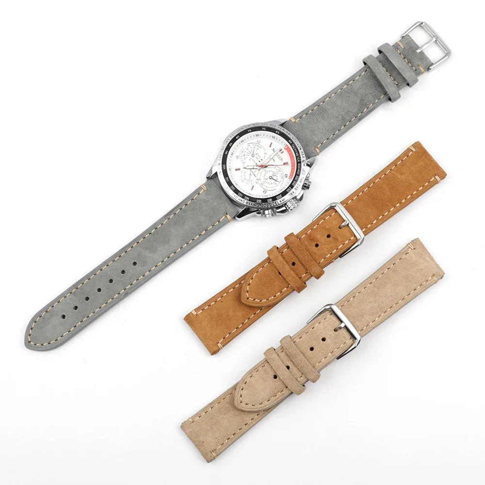 Premium leather watch straps in gray, tan, and beige with silver buckles for versatile fashion.