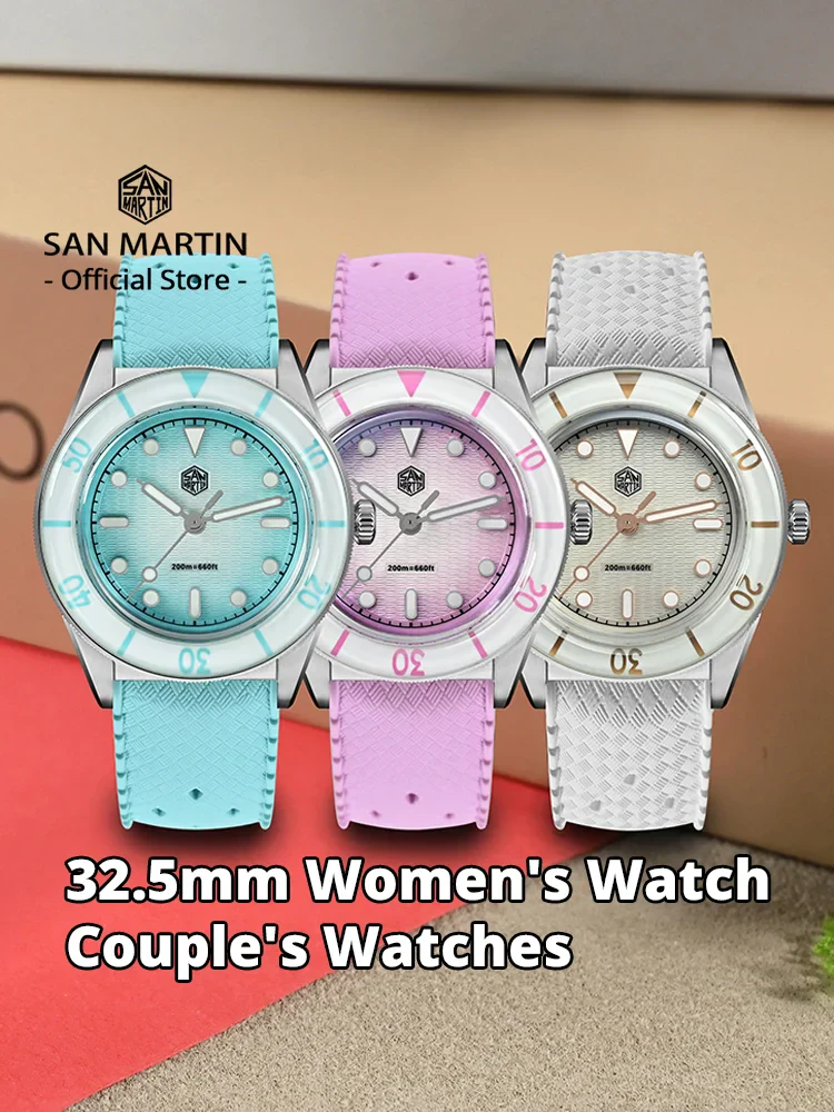Bright turquoise, pink, and white silicone straps with luminous markers on the dial.