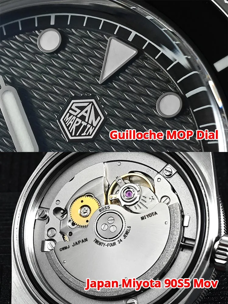 Luxurious San Martin watch with Guilloche MOP dial and Miyota 90S5 automatic movement, water-resistant up to 20 ATM.