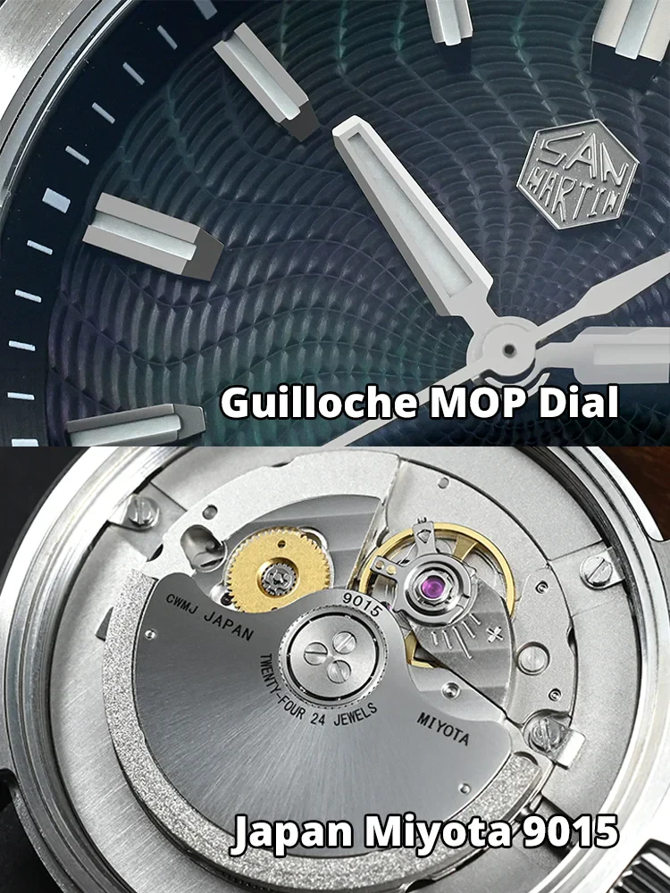 Luxury men's automatic watch featuring guilloche mother-of-pearl dial and Miyota 9015 movement.