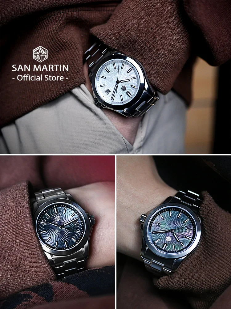 Stylish men's automatic mechanical watch with Guilloche MOP dial, Miyota 9015 movement, 10 ATM water resistance.