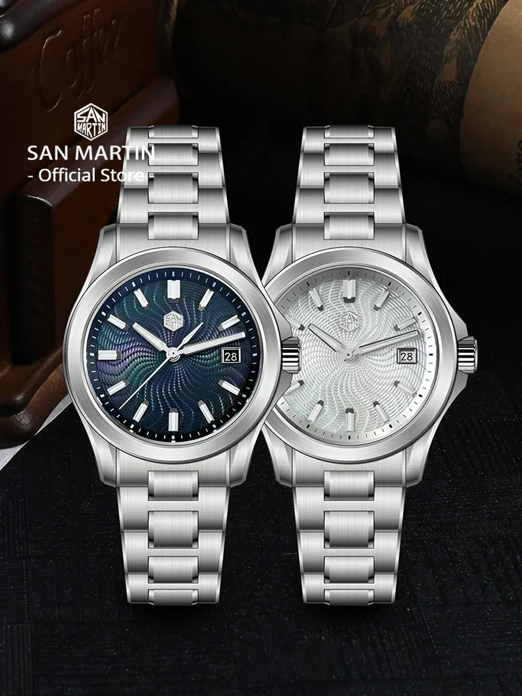 Elegant automatic men's watches with guilloche MOP dials and stainless steel bands.
