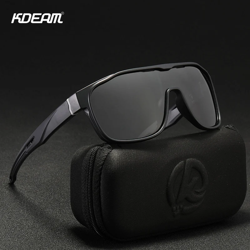 Black sporty sunglasses with gray lenses.