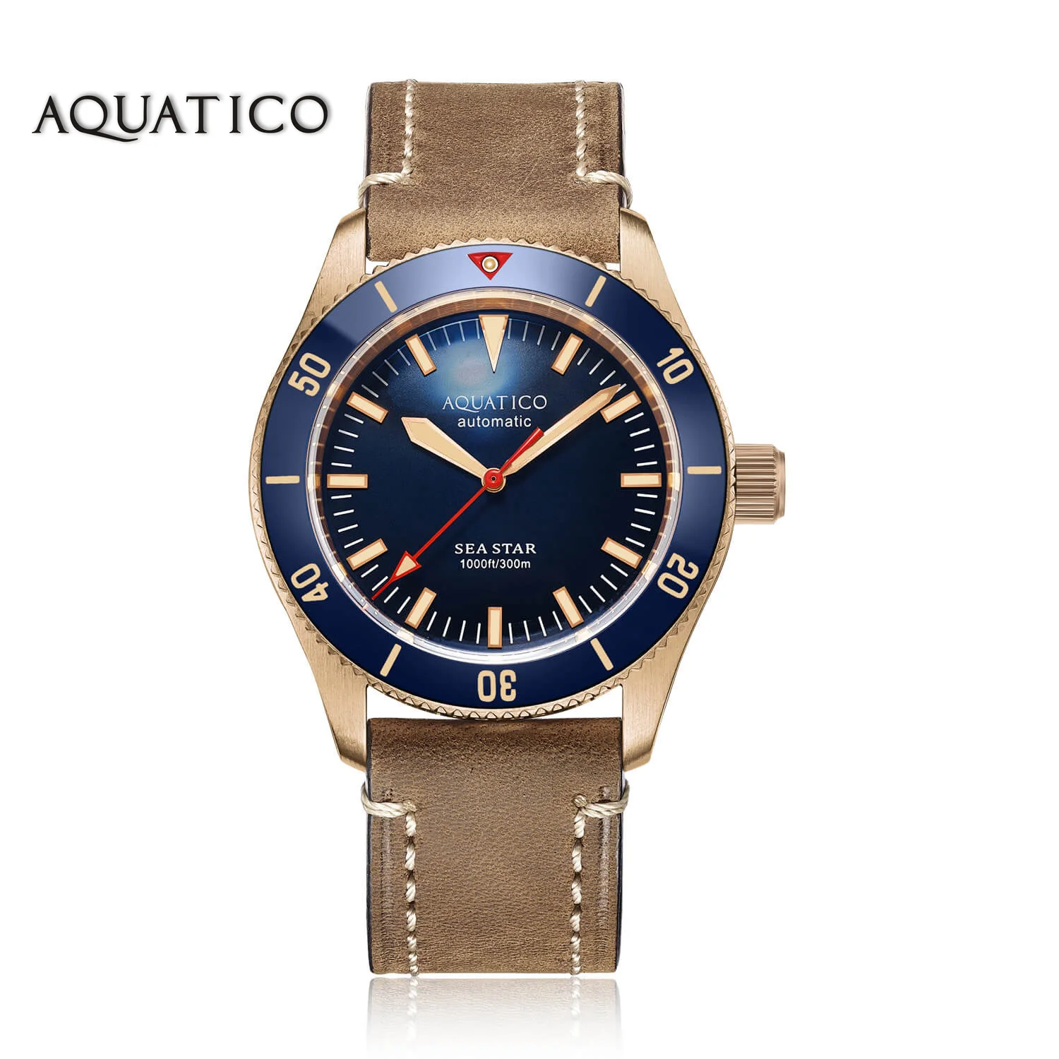 Elegant men's wristwatch featuring a blue dial, gold-tone case, and tan leather strap.