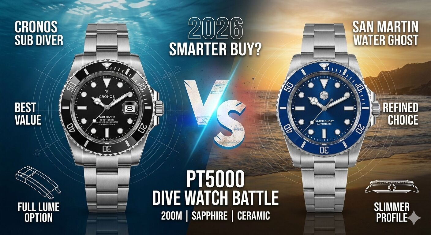 Comparison of Cronos Sub Diver L6005M and San Martin SN0017D Water Ghost dive watches against a split background, featuring text overlays for 'Smarter Buy 2026', PT5000 movement, and key differences in bezel lume and case thickness.