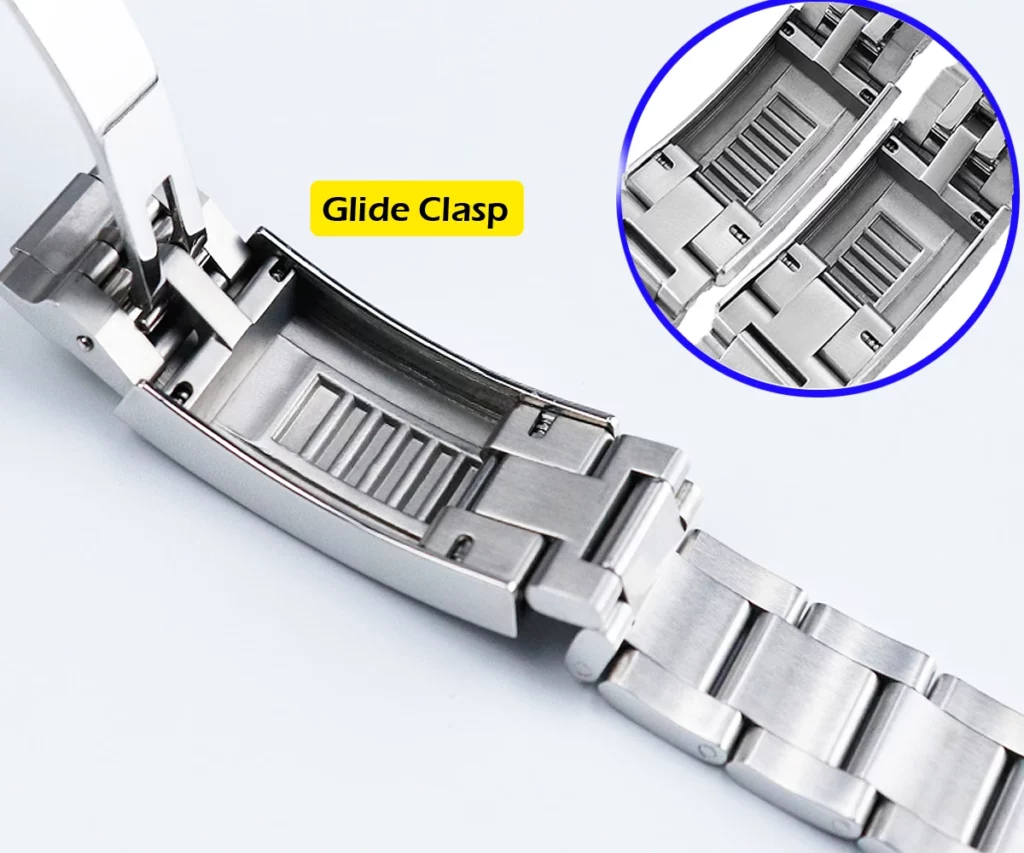 Stainless steel watch bracelet with glide clasp feature.