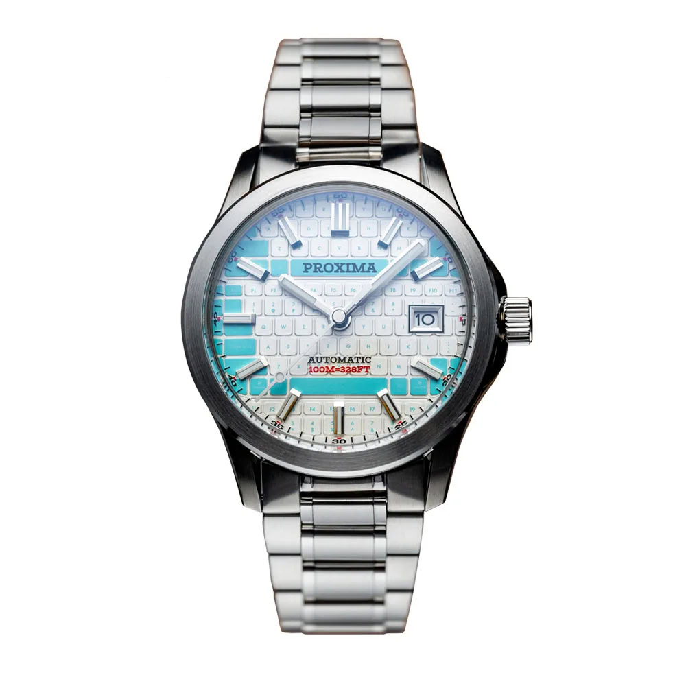Automatic men's dive watch with stainless steel band and blue and white dial.